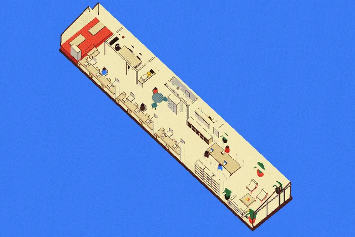 Maqueta ilustrada del local de Espacio Remoto con sus zonas numeradas