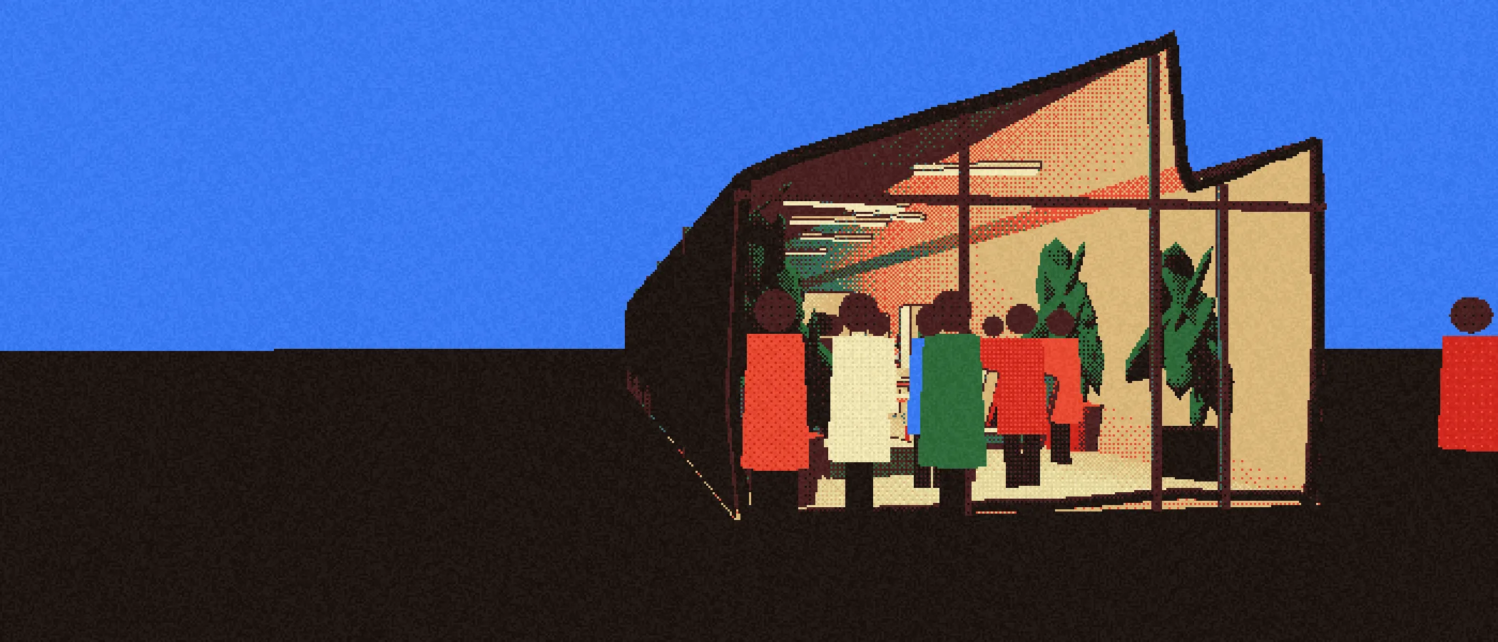 Ilustración nocturna del local: gente dentro y en la acera, y personas entrando y saliendo por la puerta